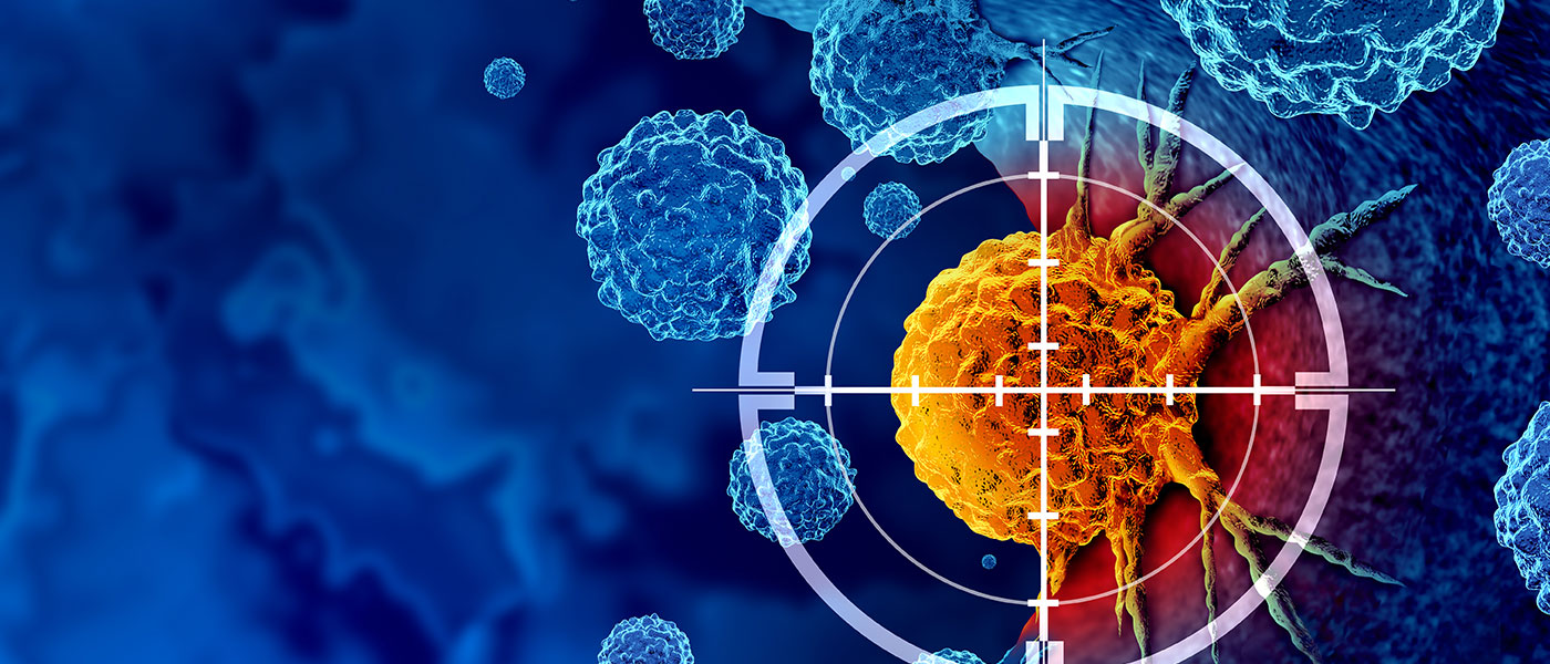 artist's rendering of a cancer cell with a target aimed at it