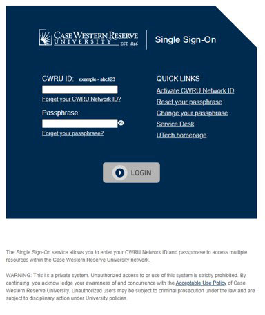 Photo of the legacy version of CWRU's Single Sign-On page with the university's old branding