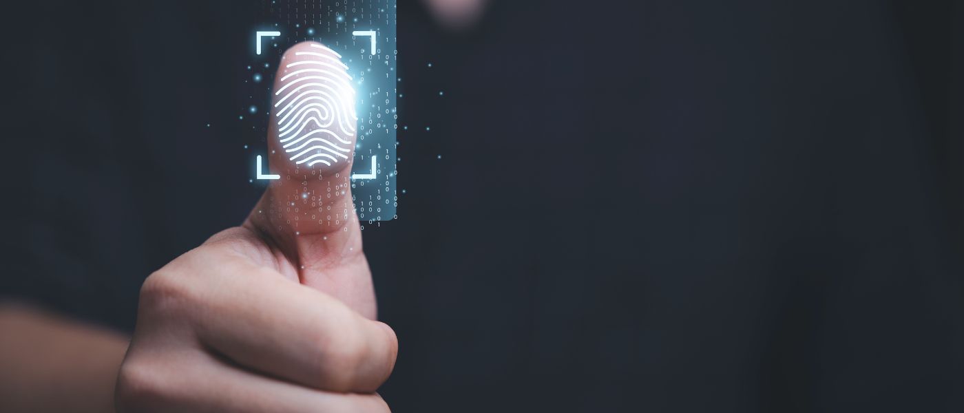 Thumbs up with virtual fingerprint to scan biometric identity and access password thru fingerprints for technology security system and prevent hacker concept.