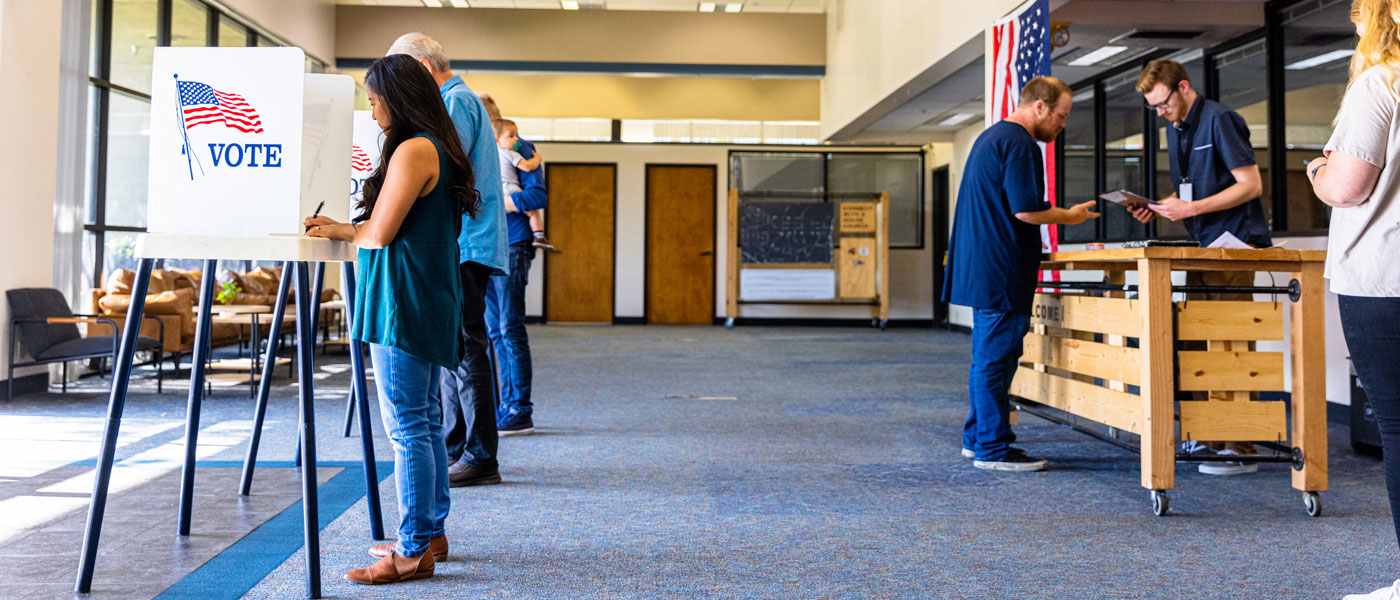 Photo of people in voting booths at a polling location