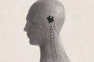 Photo illustration of a head made of puzzle pieces with one missing and a ladder leading to it