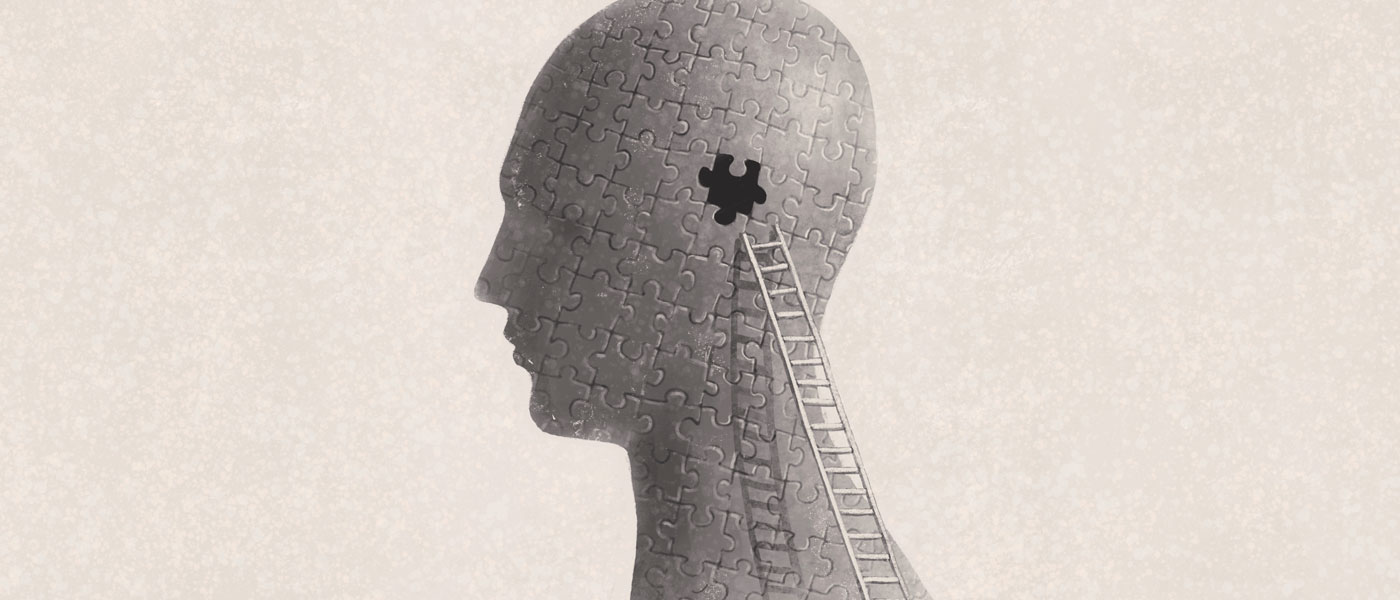 Photo illustration of a head made of puzzle pieces with one missing and a ladder leading to it
