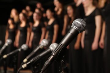 Shot of microphones with choir in the background