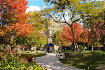Photo of the CWRU campus during fall with Adelbert Hall framed by vibrant trees