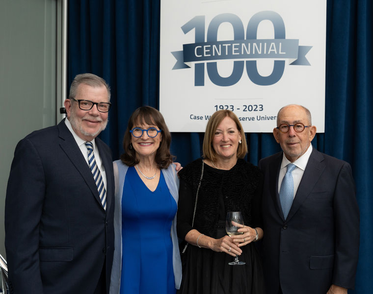Photo of President Eric Kaler, Karen Kaler, CWRU Trustee JoAnn Glick and Bob Glick at the nursing school 100-year celebration