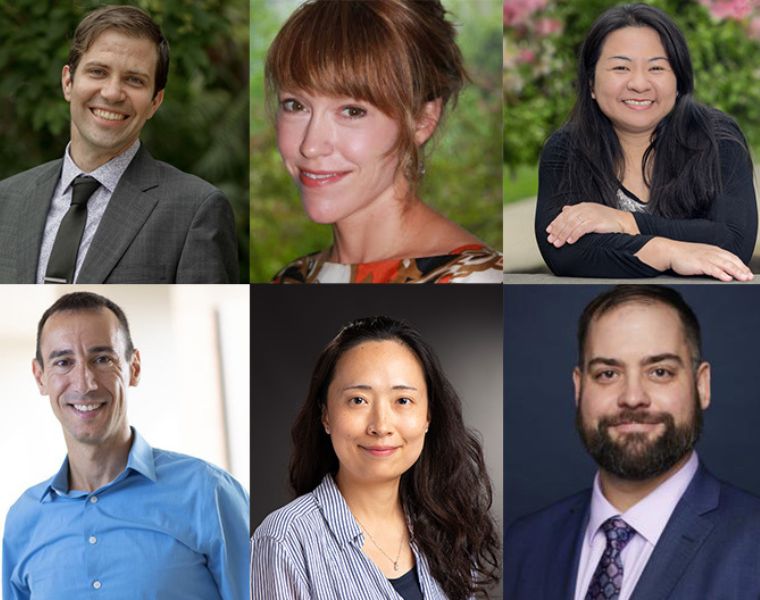 Compilation photo of 2023–24 Freedman faculty fellows which include George Blake, Jacqueline Curtis, Scott Moore, Alp Sehirlioglu and Xia Wu.