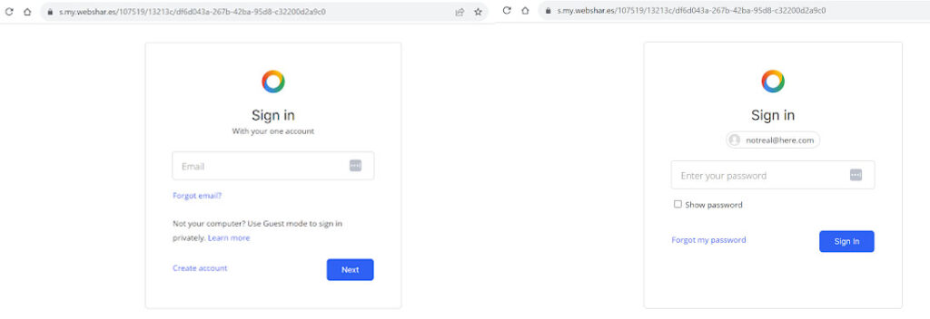 Two screenshots, side-by-side, that capture the visual presentation of the login page and password prompt. On the first screenshot, there is a colorful, Google-esque circle logo, and below it the text reads “Sign in with your one account”. There is a text-entry box labeled “Email” followed by a link reading “Forgot email?” The next line reads “Not your computer? Use Guest mode to sign in privately. [Link: Learn More]
[Link: Create account]
[Button: Next]
The second screen shot has the same colorful circle logo, and reads “Sign in”. The email address entered at the last screen, in this case “notreal@here.com”, is presented on the next line, followed by a text-entry box labeled “Enter your password.” There is a checkbox option to “Show password”.
[Link: “Forgot my password”]
[Button: Sign In]