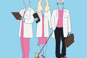 Photo illustration for the Doc Opera: Medically Blonde production with three unidentified medical professionals standing together with blonde hair and wearing pink outfits underneath white coats