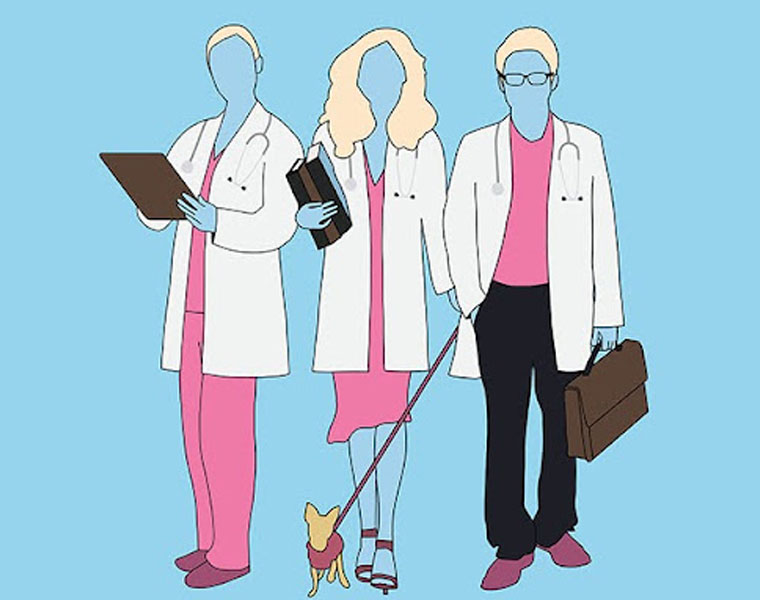Photo illustration for the Doc Opera: Medically Blonde production with three unidentified medical professionals standing together with blonde hair and wearing pink outfits underneath white coats