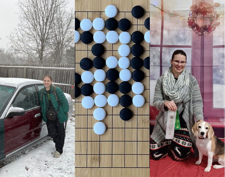 Photo compilation of images of Josephine Schelling next to a car, a close up of the game board in "Go," and Amanda Barabas and her dog, Cash
