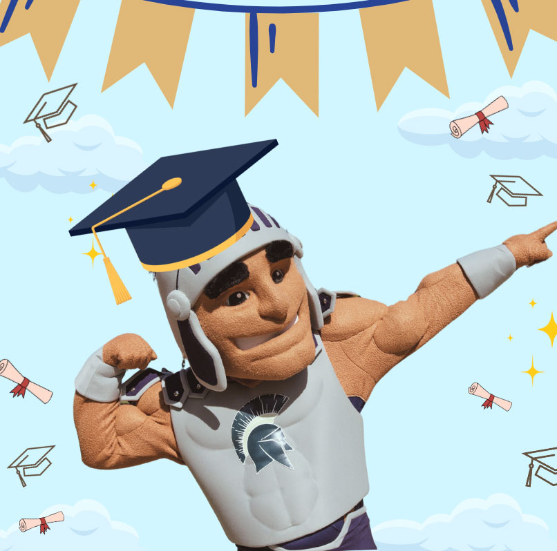 Photo of Spartie mascot striking a pose against an illustrated background with an illustrated graduation cap on