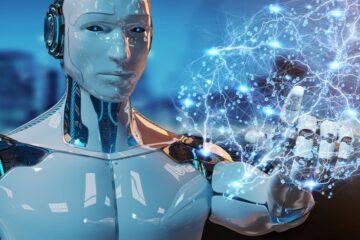 White man humanoid on blurred background creating artificial intelligence 3D rendering. Courtesy of Getty Images.