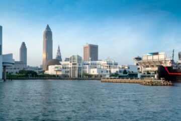 Panoramic image of Cleveland's north coast waterfront with Cleveland Brown stadium and museums