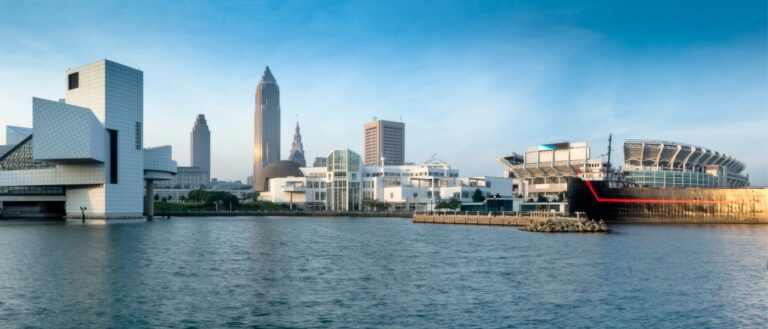 Panoramic image of Cleveland's north coast waterfront with Cleveland Brown stadium and museums