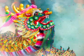 Photo of a large dragon lantern during a Lunar New Year celebration