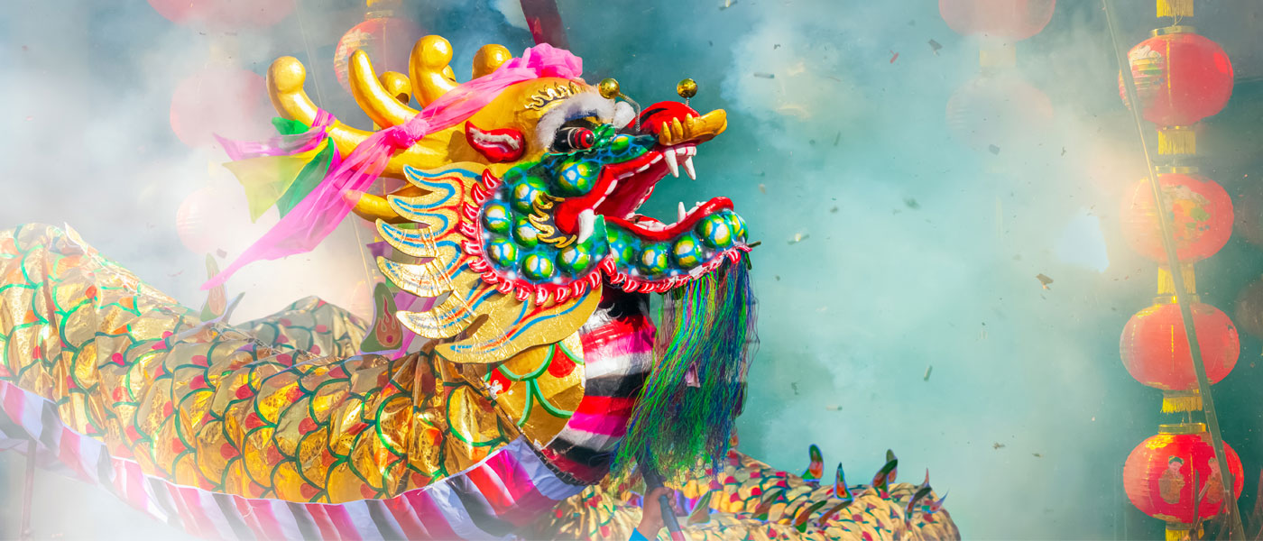 Photo of a large dragon lantern during a Lunar New Year celebration