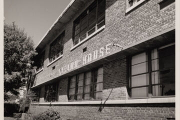 Black and white photo of the exterior of Karamu House