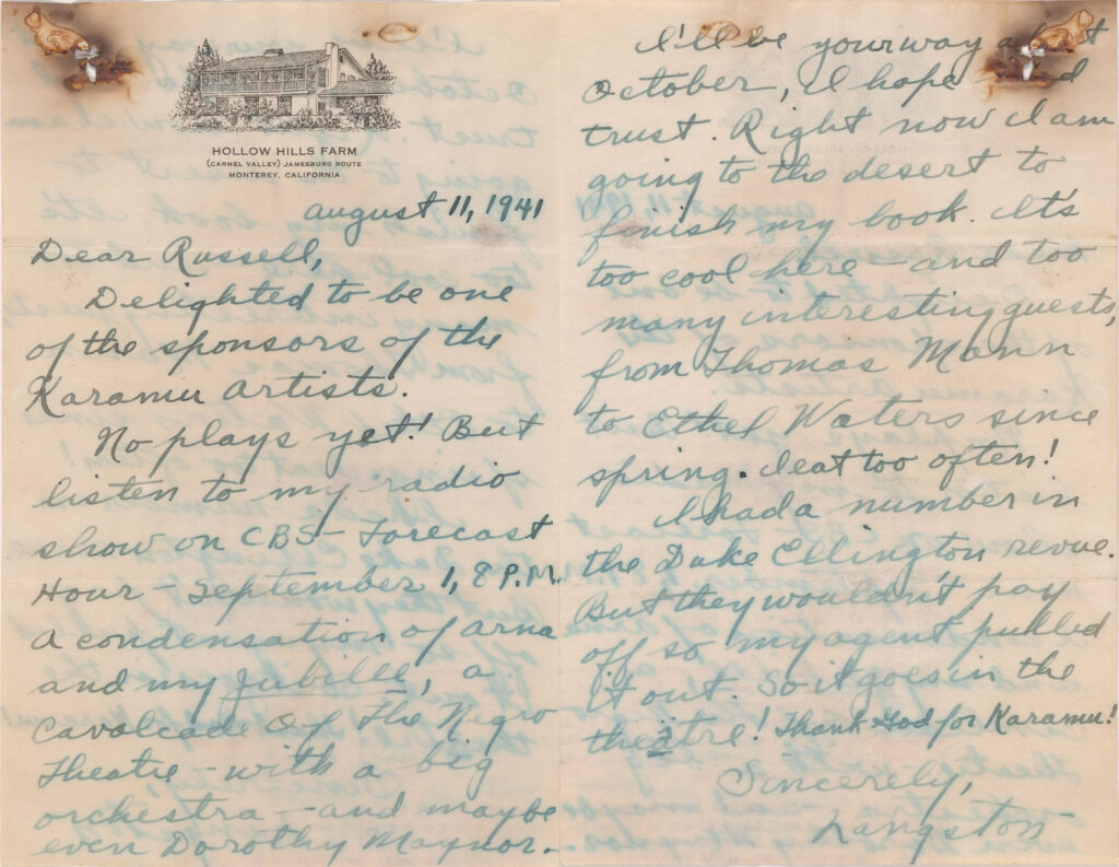 Scans of a letter written by Langston Hughes