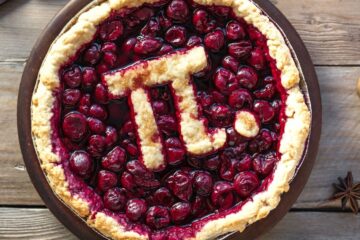 Photo of Homemade Traditional Cherry Pie with Pi sign.