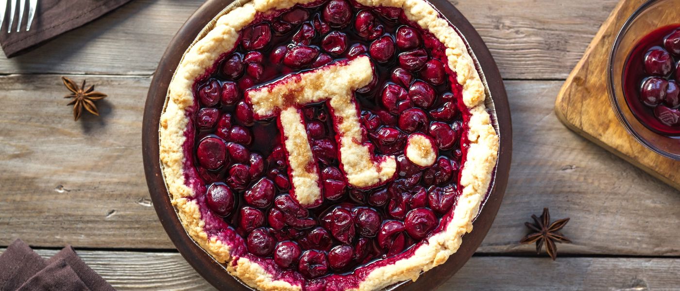 Photo of Homemade Traditional Cherry Pie with Pi sign.