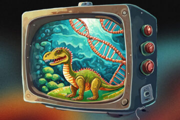 Photo illustration of a dinosaur on a TV screen with DNA strands behind it
