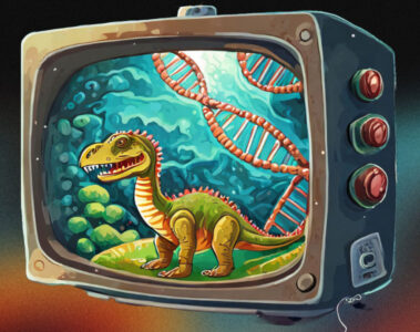 Photo illustration of a dinosaur on a TV screen with DNA strands behind it