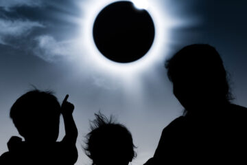 Silhouette of people watching a total solar eclipse