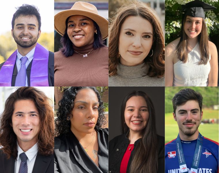 Photo compilation of images of CWRU graduating students Anand D. Singh, Danyel Crosby, Emily Saxon, Margaret Terry, Bram Holladay, Heavenly Aguilar, Maria Claudia Moncaliano and Solomon Goldstein