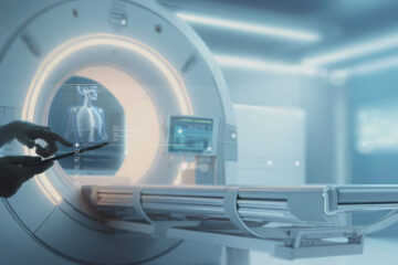 Photo illustration of a doctor viewing a tablet in front of an MRI machine with scans projected over it