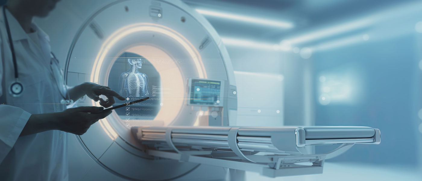 Photo illustration of a doctor viewing a tablet in front of an MRI machine with scans projected over it