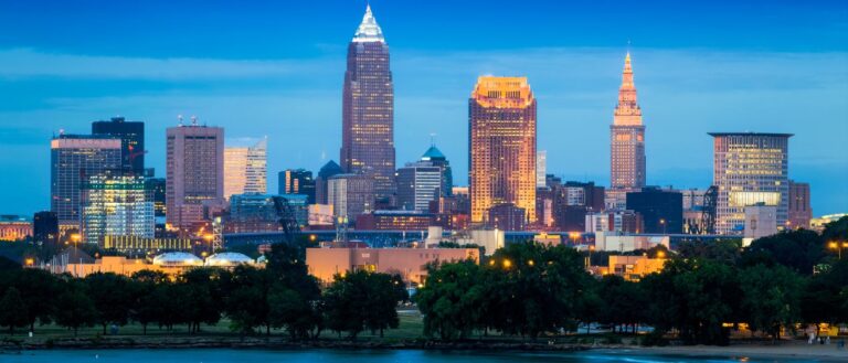 Photo of Cleveland and the Lake Erie Shore at Night. Courtesy of Getty Images.