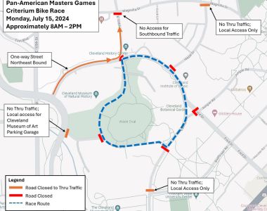 Illustration map of PanAm Games Bike Race road closures.