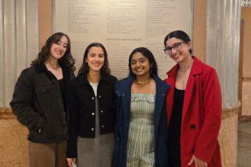 Photo of Nivedita Srinivasan with her suitemates after winning box office tickets to Severance Hall.