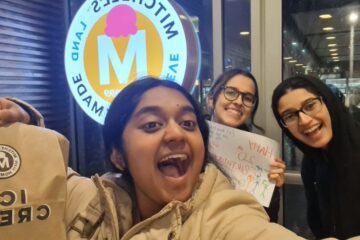 Photo of Nivedita Srinivasan and her suitemates taking a midnight trip to Mitchell's Ice Cream.