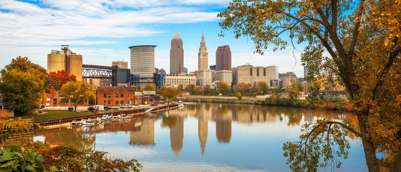 Photo of Cleveland skyline on the Cuyahoga River in autumn.