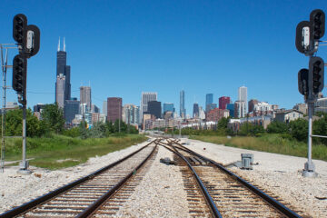 Chicago skyline with downtown railway, Illinois