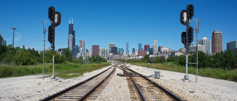 Chicago skyline with downtown railway, Illinois