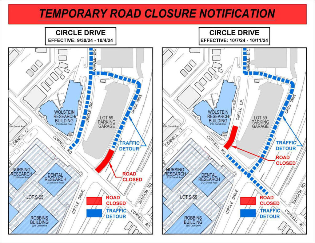 Map of the Circle Drive area showing closures between University Hospitals Parking Garage 59 and railroad tracks, as well as closures near the Wolstein Research Building and University Hospitals Parking Garage 59.