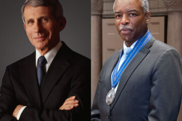 Composite image of Anthony Fauci and LeVar Burton with his Inamori Prize medal