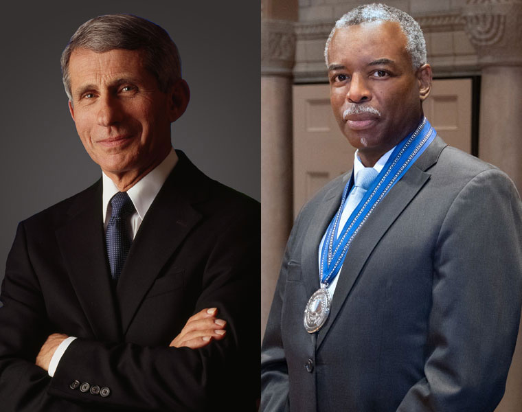 Composite image of Anthony Fauci and LeVar Burton with his Inamori Prize medal