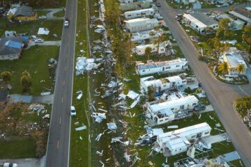 Aerial view of tornado damage on buildings