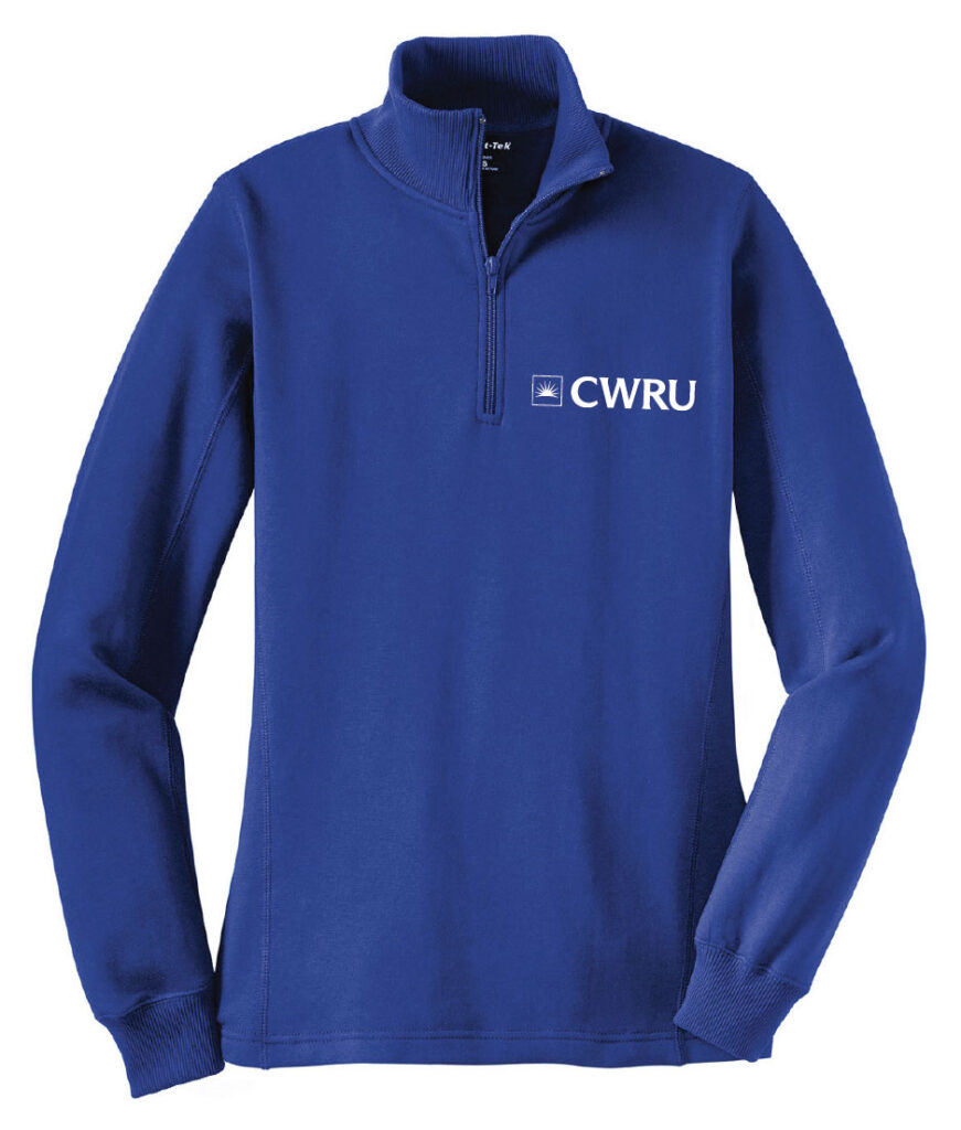 Photo of the ladies fit Blue CWRU quarter-zip sweatshirt