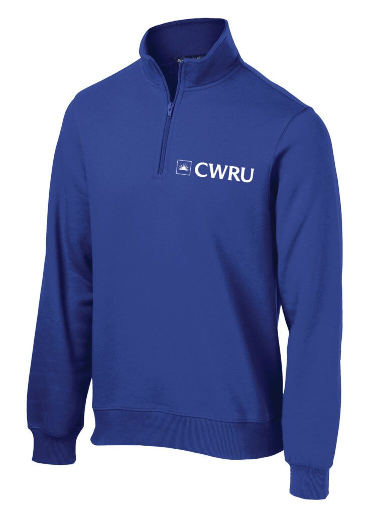 Photo of the unisex fit Blue CWRU quarter-zip sweatshirt