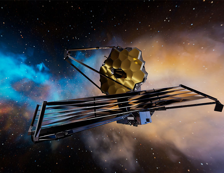 An artist's rendering of the James Webb Space Telescope with a photograph of a nebula in the background