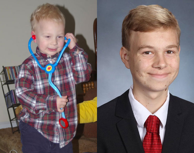 Photo collage of two images of Andrew Kapferer, one as a toddler dressed as a nurse and another more recently