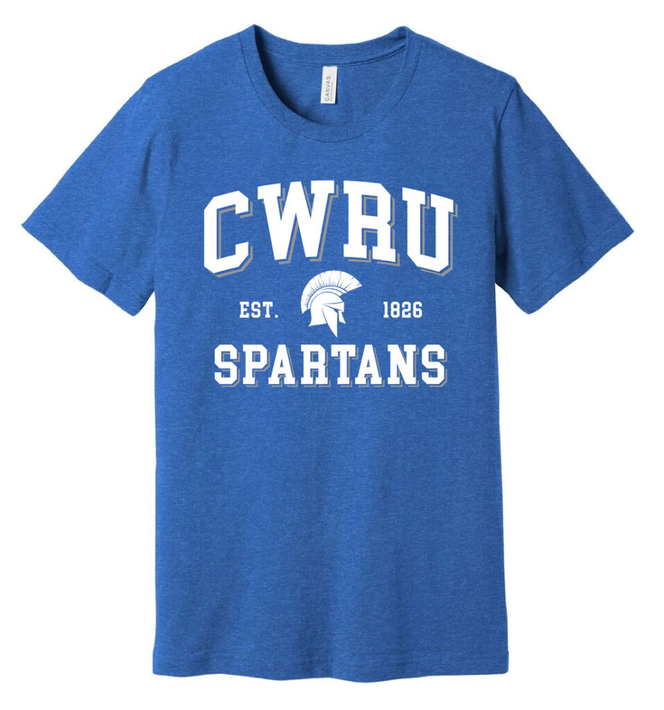 Photo of the new BlueCWRU T-shirt design that says "CWRU Spartans" with the Spartan head logo in the middle