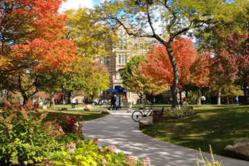 Photo taken from the Case Quad side of Adelbert Hall with the leaves and foliage in fall colors