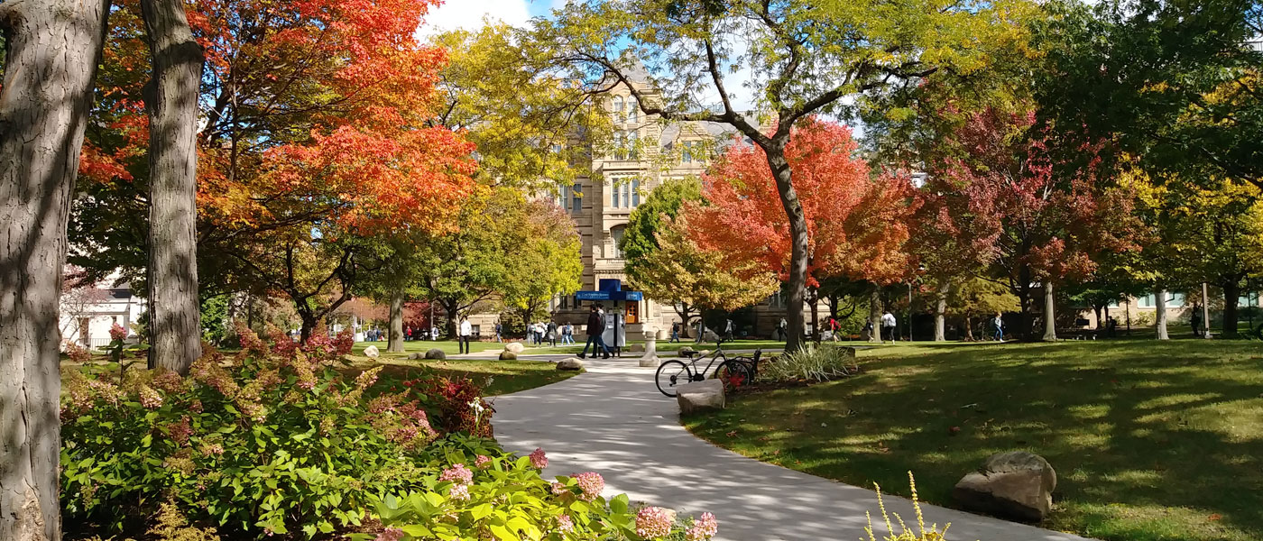 Photo taken from the Case Quad side of Adelbert Hall with the leaves and foliage in fall colors