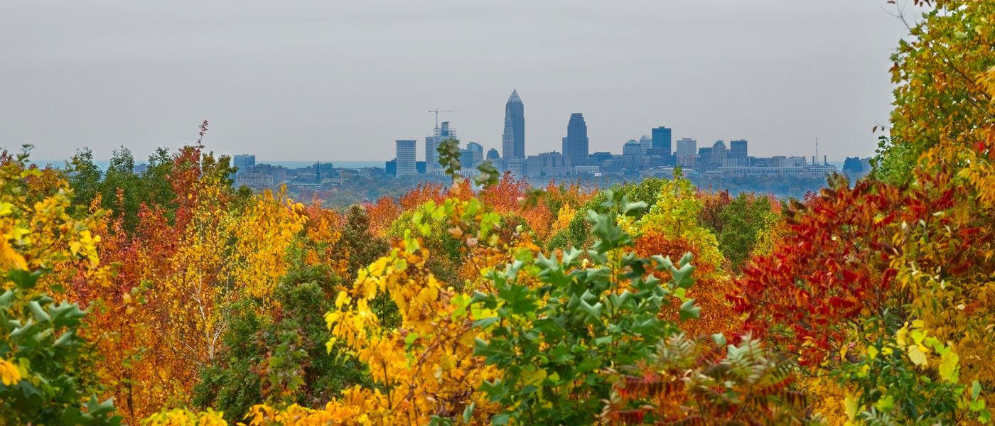 Photo of fall foliage in reds, yellows, oranges and greens with a distant view of the Cleveland skyline in the background