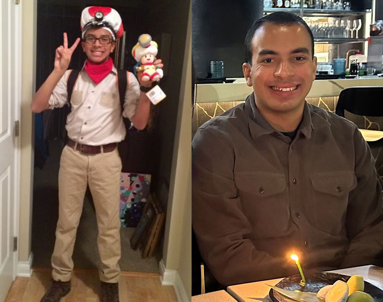 Photo collage of two images of Haddy Dardir, one as a child dressed as Captain Toad and a more recent image